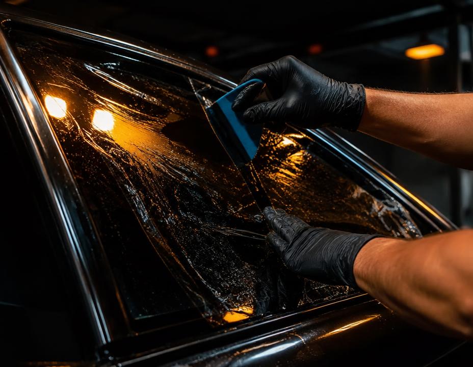 Installer squeegeeing tint film onto a car window