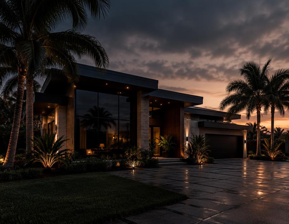 Modern Orlando home with tinted windows at dusk