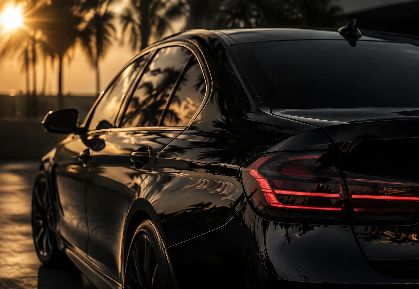 Black sedan with tinted windows under the Florida sun
